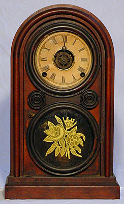 Rosewood Venetian mantel clock made by Elias Ingraham, Bristol Connecticut, circa 1875